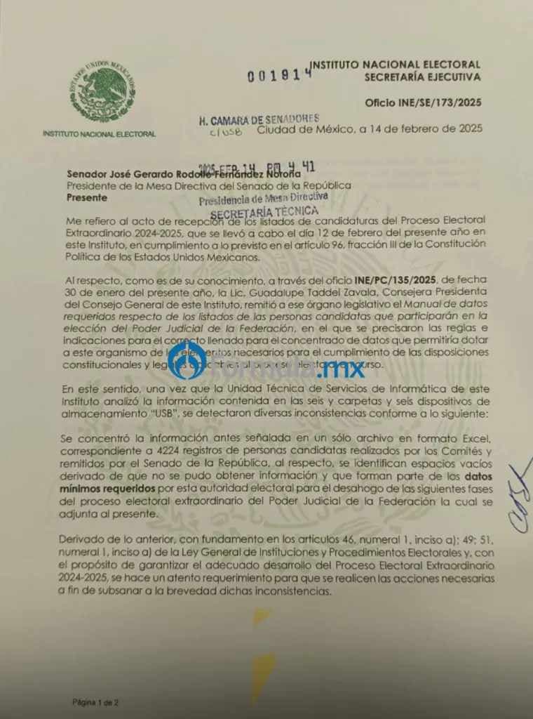 INE pide al Senado corregir errores en listados de candidatos a la elección Judicial