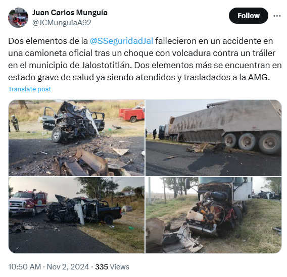 Choque en Jalostotitlán deja dos policías estatales de Jalisco muertos