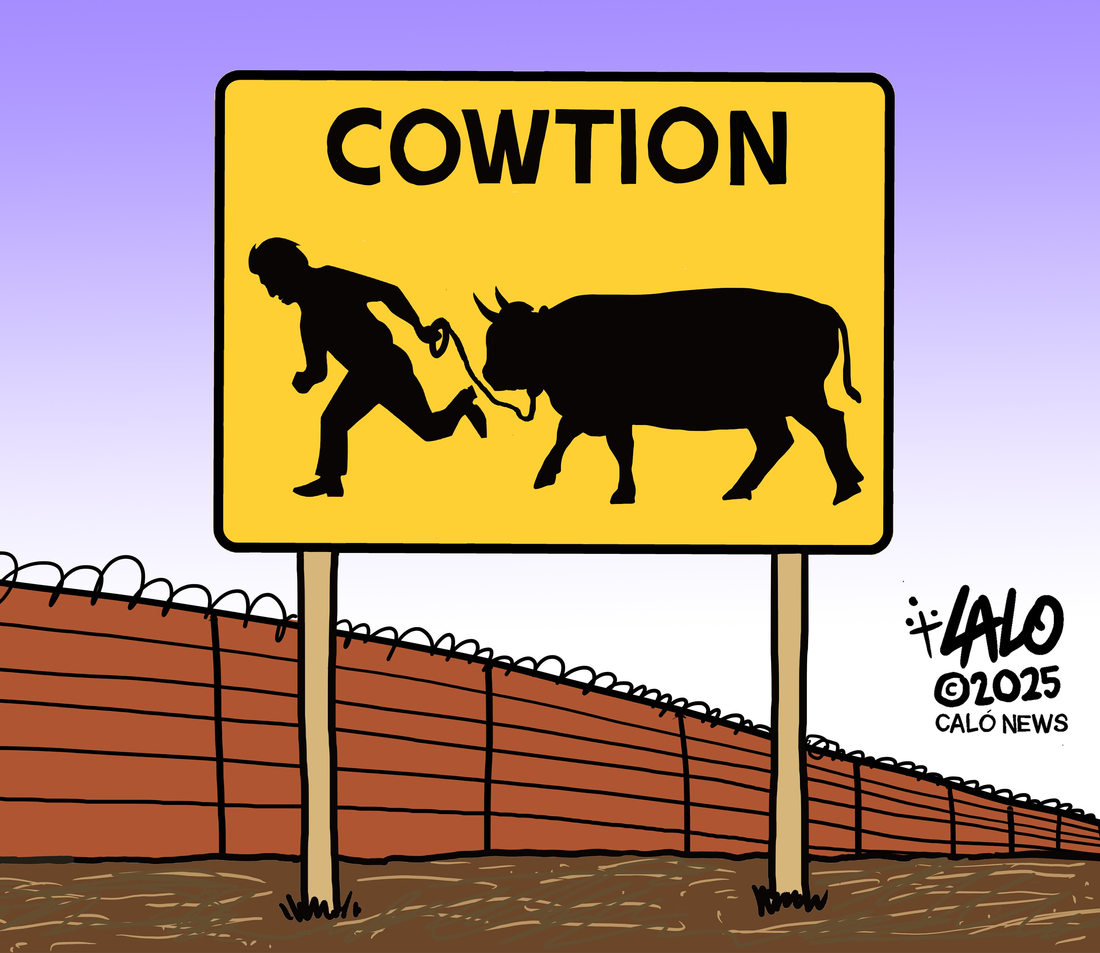 Imagen cedida por Andrews McMeel Syndication de una caricatura del mexicoestadounidense Lalo Alcaraz titulada 'Cowtion', publicada como una crítica a Trump y su actual gabinete
