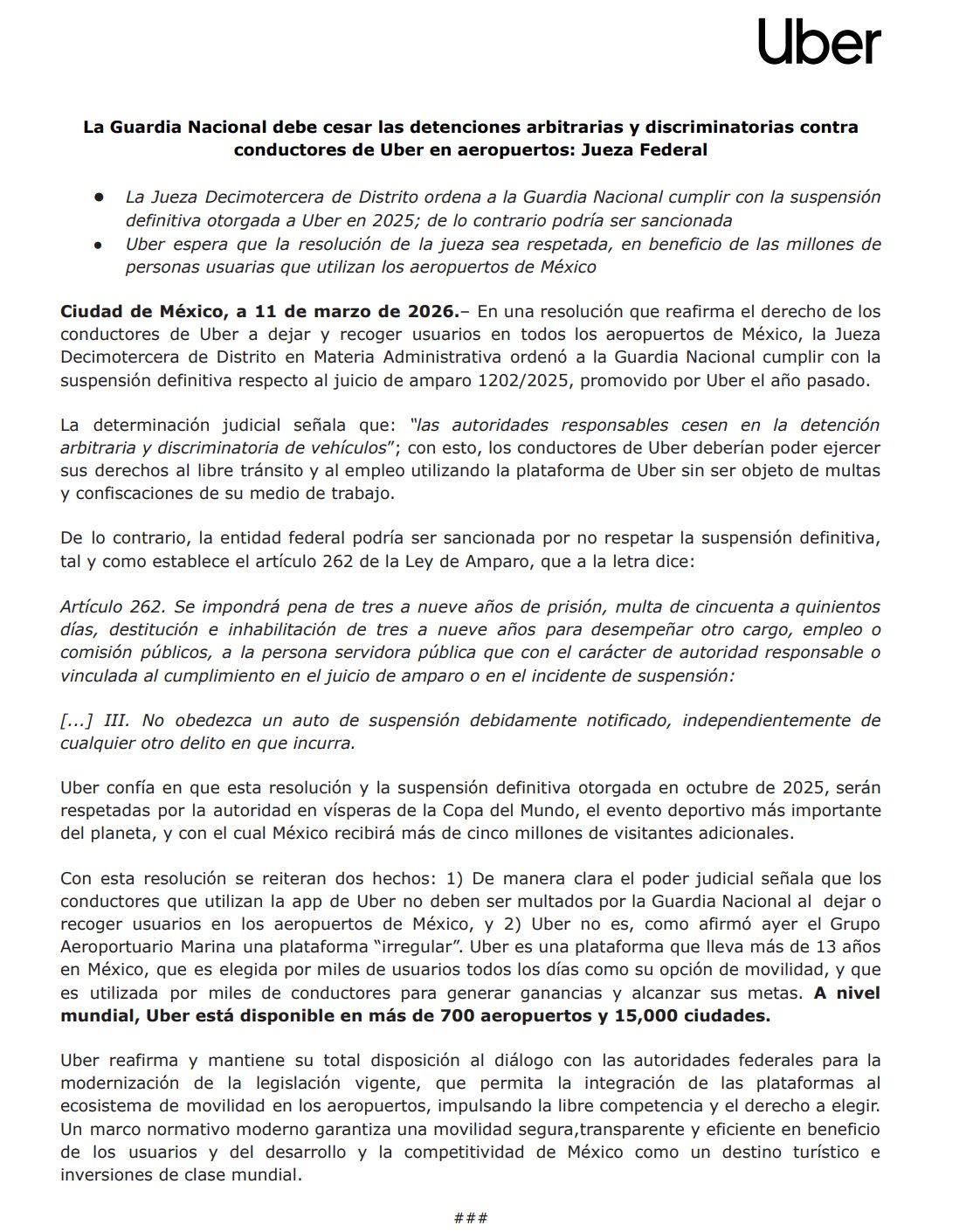 Comunicado Uber