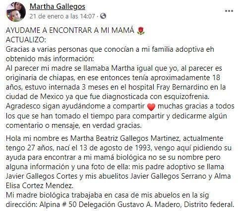 Hija busca a su madre tras 20 años de ausencia