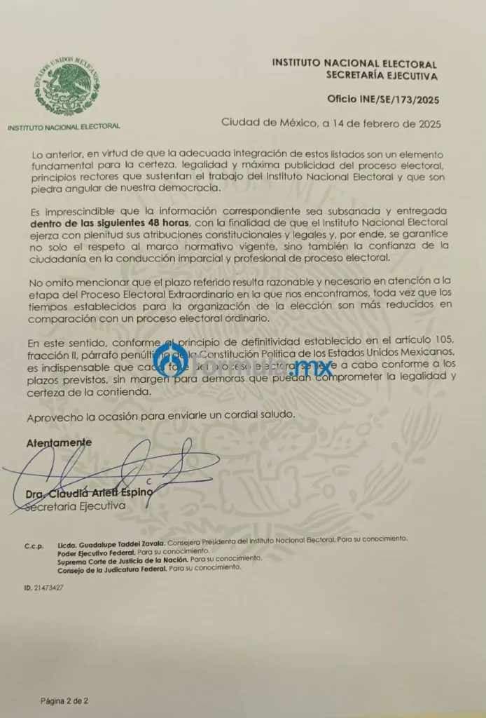 INE pide al Senado corregir errores en listados de candidatos a la elección Judicial