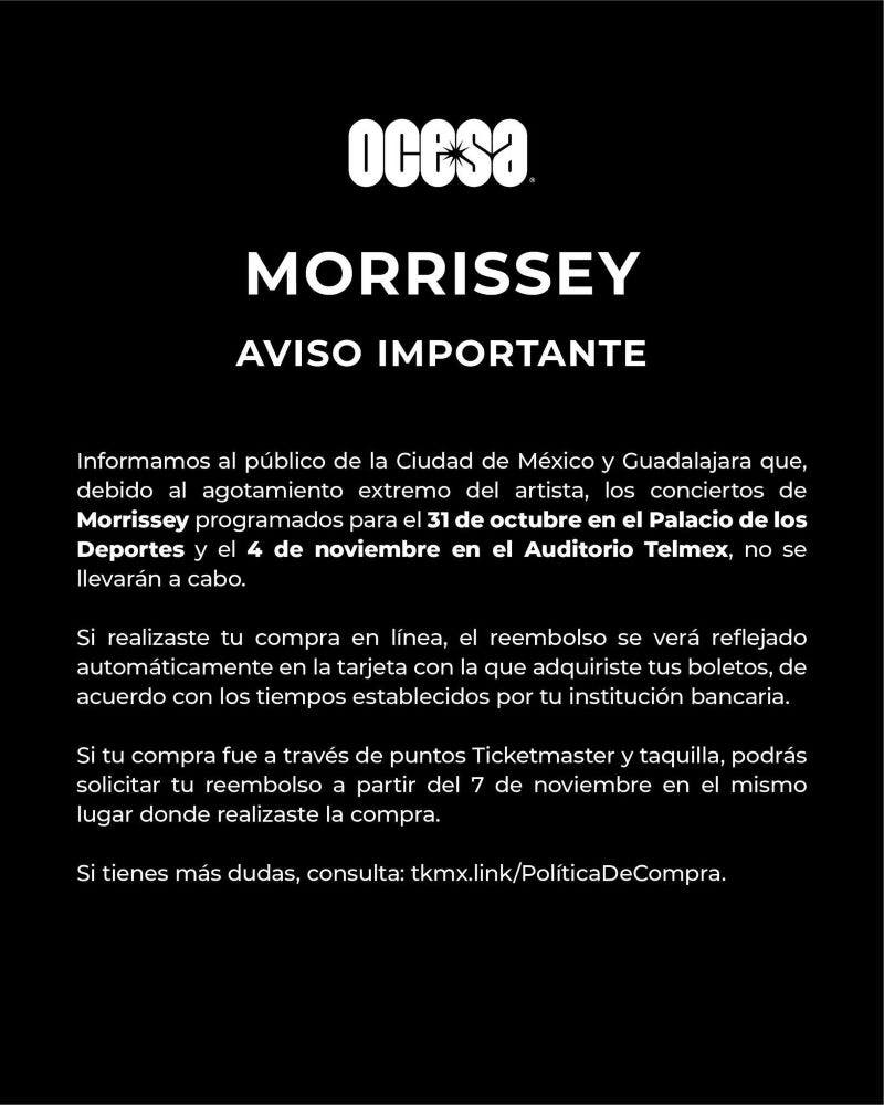 MORRISSEY CANCELA CONCIERTO