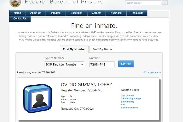 Ovido Guzmán BOP carcel salió