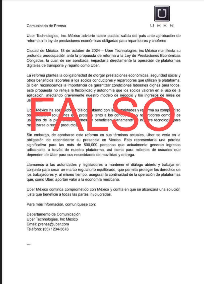 Comunicado falso de Uber