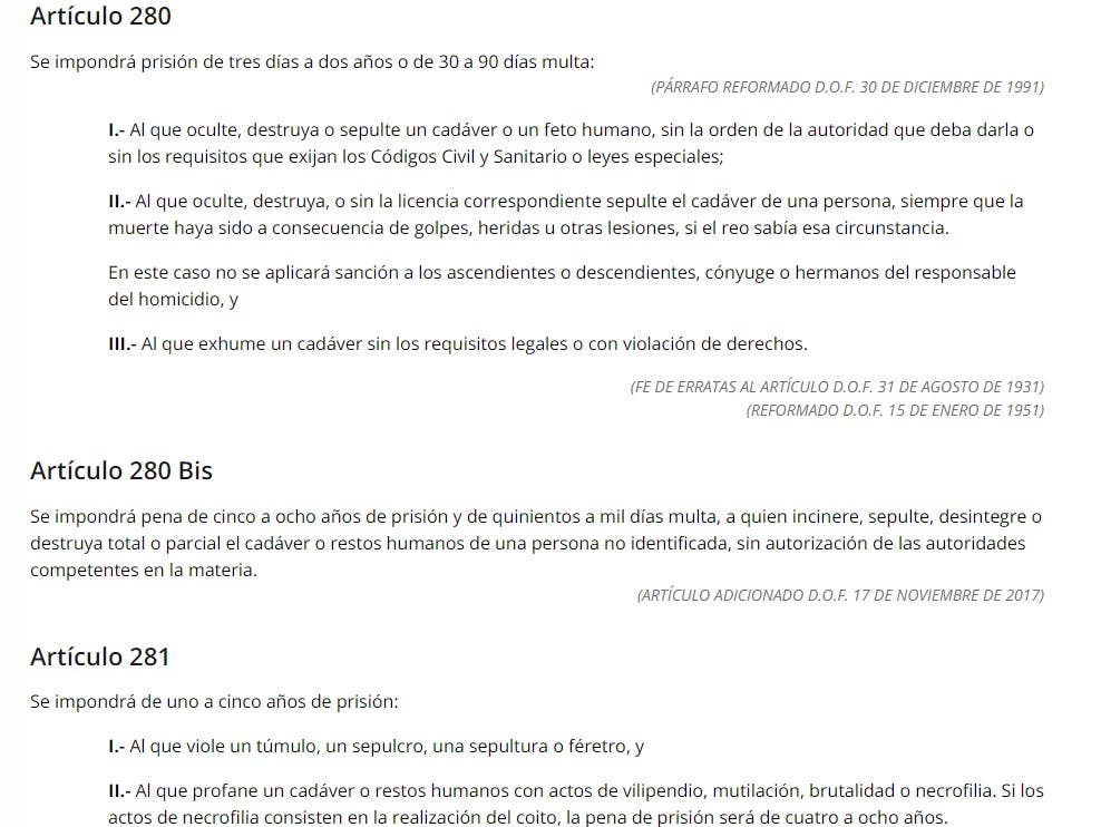 Captura tomada del sitio web: https://mexico.justia.com/federales/codigos/codigo-penal-federal/libro-segundo/titulo-decimoseptimo/capitulo-unico/
