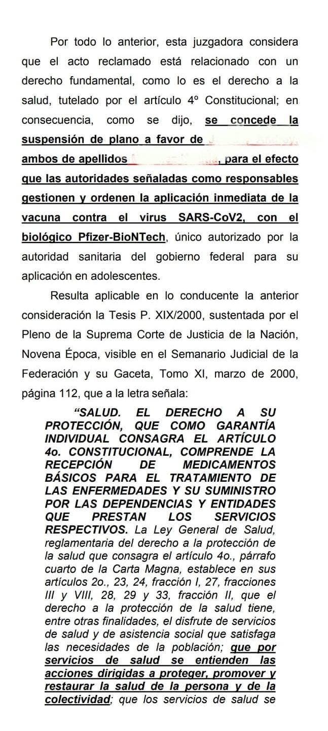 Amparo donde se autoriza la vacunación de los menores contra Covid-19