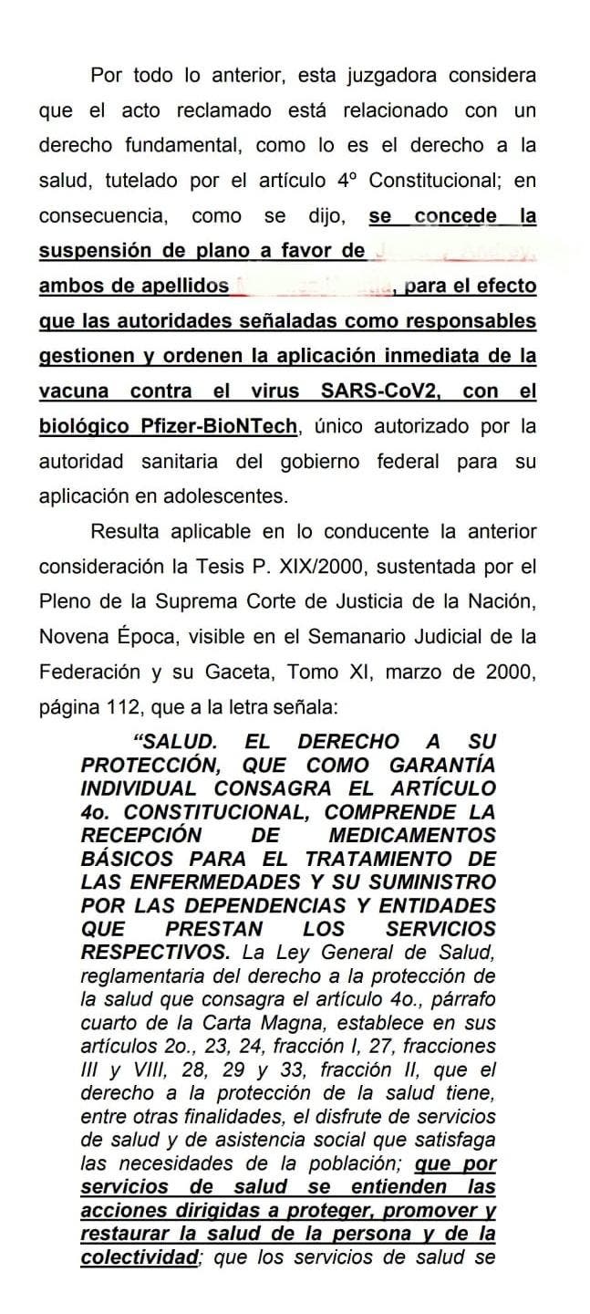 Amparo donde se autoriza la vacunación de los menores contra Covid-19