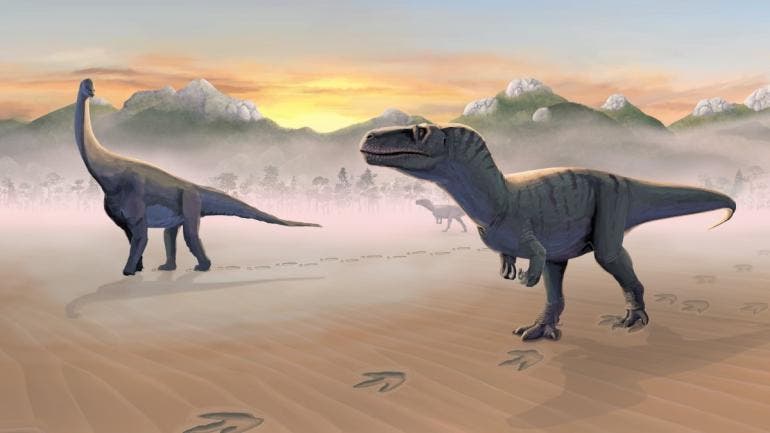 Huellas revelan que antecesores del T. Rex convivían con herbívoros en lagunas de Escocia