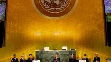 Miembros de la popular banda surcoreana BTS hablan durante el evento SDG Moment en la 76 Asamblea General de Naciones Unidas en Nueva York.