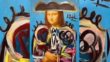 El artista español radicado en EU, Domingo Zapata, donde se aprecia su obra 'Mona Lisa Torera' que se vendió por más de un millón de dólares en una subasta realizada en una gala benéfica de Unicef en la isla caribeña de San Bartolomé.