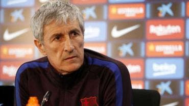 Quique Setién durante una conferencia de prensa del FC Barcelona previo a un partido de la Copa del Rey.
