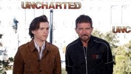 Los actores Tom Holland y Antonio Banderas durante la presentación de la película 'Uncharted'.