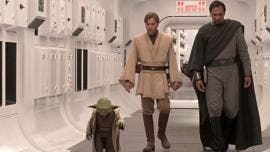 Elenco de la película 'Star Wars: Episode III Revenge of the Sith', con Yoda, Obi-Wan Kenobi (Ewan McGregor) y Senator Bail Organa (Jimmy Smits).