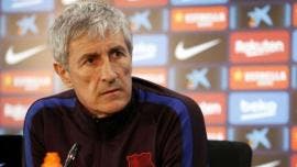 Quique Setién durante una conferencia de prensa del FC Barcelona previo a un partido de la Copa del Rey.
