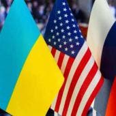 Banderas Ucrania, Rusia y Estados Unidos