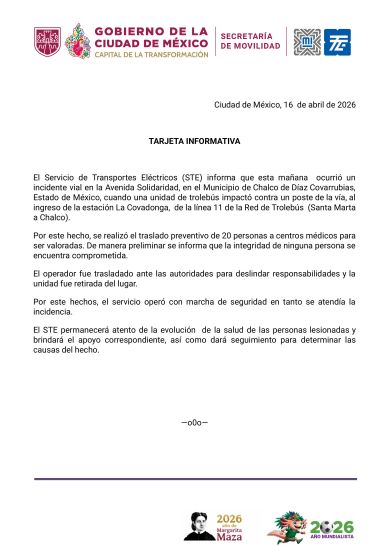 Tarjeta informativa de la Semovi sobre el accidente