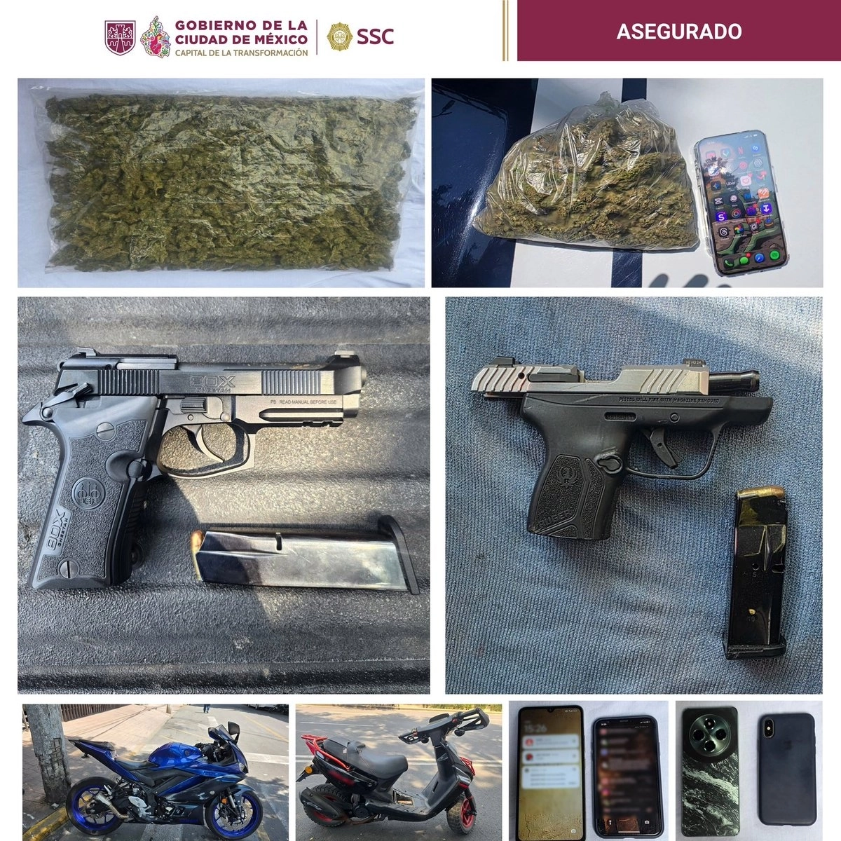Las autoridades aseguraron dos armas de fuego, al menos 16 cartuchos útiles, más de un kilo de droga. Foto Especial