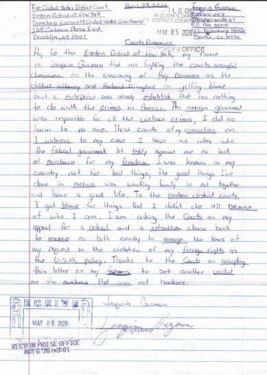 Carta que envió "El Chapo" Guzmán