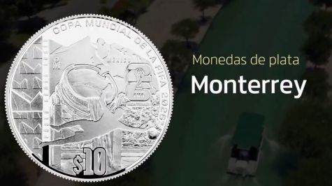Un jugador de futbol y al fondo la Fuente El Crisol, una de las más emblemáticas del paseo Santa Lucía, así como el Cerro de la Silla. En el contorno superior, la leyenda COPA MUNDIAL DE LA FIFA 2026TM. A la izquierda, la identidad gráfica definida por la FIFA para representar a la ciudad de Monterrey y a la derecha de esta el texto PASEO SANTA LUCÍA. Se incluyen el logotipo de la FIFA 26 MONTERREYTM, la denominación, la palabra MÉXICO y la ceca de la Casa de Moneda de México “M°”. (Banxico)