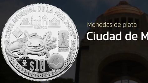 Al centro un ajolote y arriba el Templo Mayor, la Catedral Metropolitana, el Monumento a la Revolución y el Palacio de Bellas Artes sobre una línea doble con la palabra MÉXICO en el centro. En el exergo la denominación, la ceca de la Casa de Moneda de México “M°” y un balón de futbol. Incluye el logotipo de la FIFA 26 CIUDAD DE MÉXICOTM a la derecha y la identidad gráfica definida por la FIFA para representar a la Ciudad de México a la izquierda. En el contorno superior la leyenda COPA MUNDIAL DE LA FIFA 2026TM y en el contorno inferior una franja con círculos.  Imagen del reverso de la moneda de la Copa Mundial de la FIFA 2026, Sede Ciudad de México (Banxico)