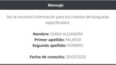 Derivado de una búsqueda en el Registro Nacional de Profesionistas, pudimos corroborar que Diana Palafox no cuenta con una cédula profesional.