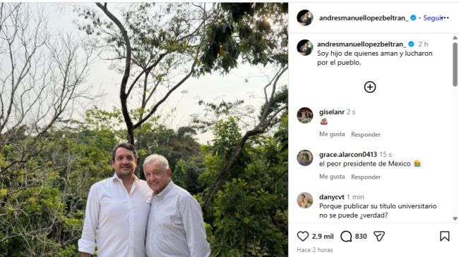 El expresidente Andrés Manuel López Obrador reapareció en una fotografía compartida en redes sociales por su hijo, Andrés Manuel López Beltrán (Instagram) El expresidente Andrés Manuel López Obrador reapareció en una fotografía compartida en redes sociales por su hijo, Andrés Manuel López Beltrán (Instagram)