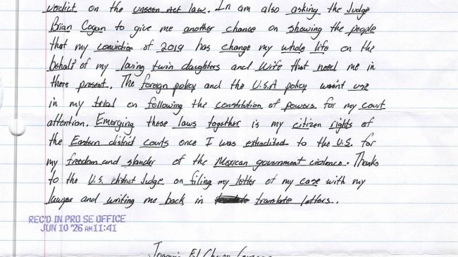 Joaquín “El Chapo” Guzmán envía nuevas cartas manuscritas ala corte federal del Distrito Este de Nueva York, con sede en Brooklyn. (especial)