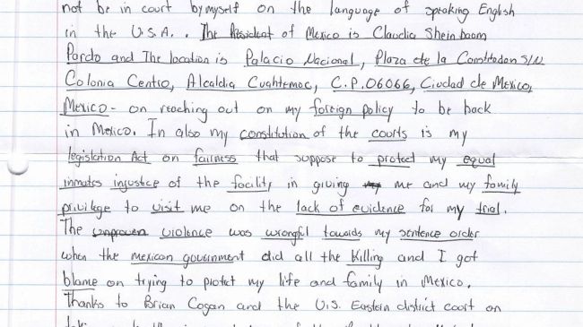 Joaquín “El Chapo” Guzmán envía nuevas cartas manuscritas ala corte federal del Distrito Este de Nueva York, con sede en Brooklyn. (especial)