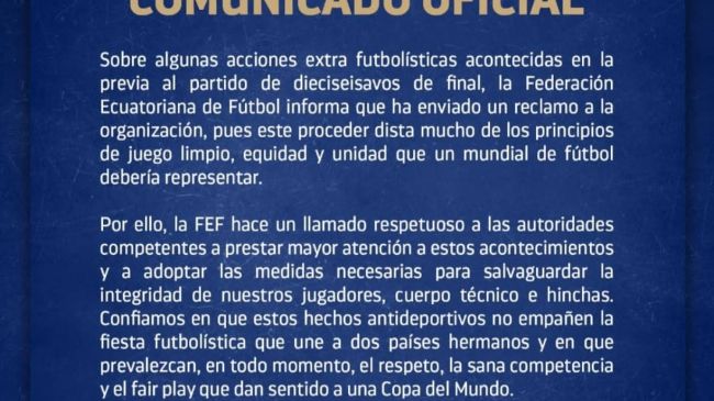 La Federación Ecuatoriana de Fútbol (FEF) denuncia incidentes Foto: RRSS