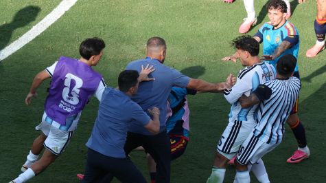 Cuerpo técnico intenta detener a jugadores argentinos previo a la agresión al término de la final de la Copa del Mundo. EFE
