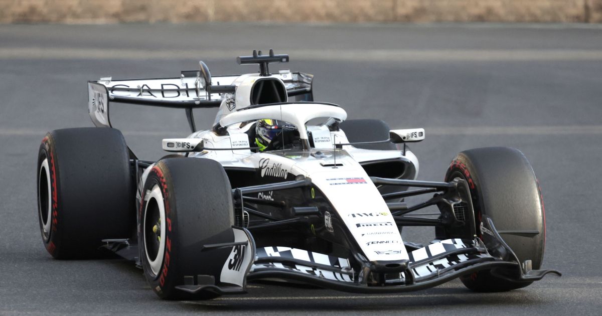 Cadillac Formula 1 car in its black-and-white 2026 race livery