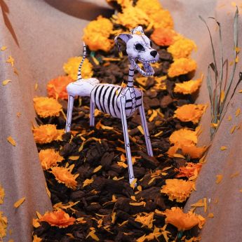 Presentación del tradicional altar de muertos de la Casa de México en España, inspirado este año en las montañas de Michoacán y dedicado al cantante y compositor mexicano Agustín Lara realizado por la diseñadora Beatriz Redo. (EFE)