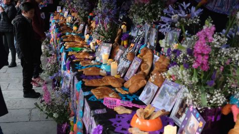 Personas rezan en un altar durante el 'Día de los Muertos de las Mascotas', una costumbre de México que honra la memoria de estos animales domésticos y que fue adoptada en La Paz al estilo andino, este martes en La Paz (Bolivia). EFE/Luis Gandarillas